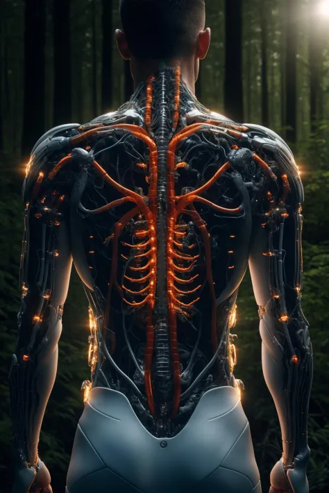 hyperrealism, high detailed, professional photo of a transparent porcelain semi-cyborg, glowing backlit panels, anatomical, dark forest, night, complex details, complex background, 
cyber, <lora:CyberWorld:0.4>,