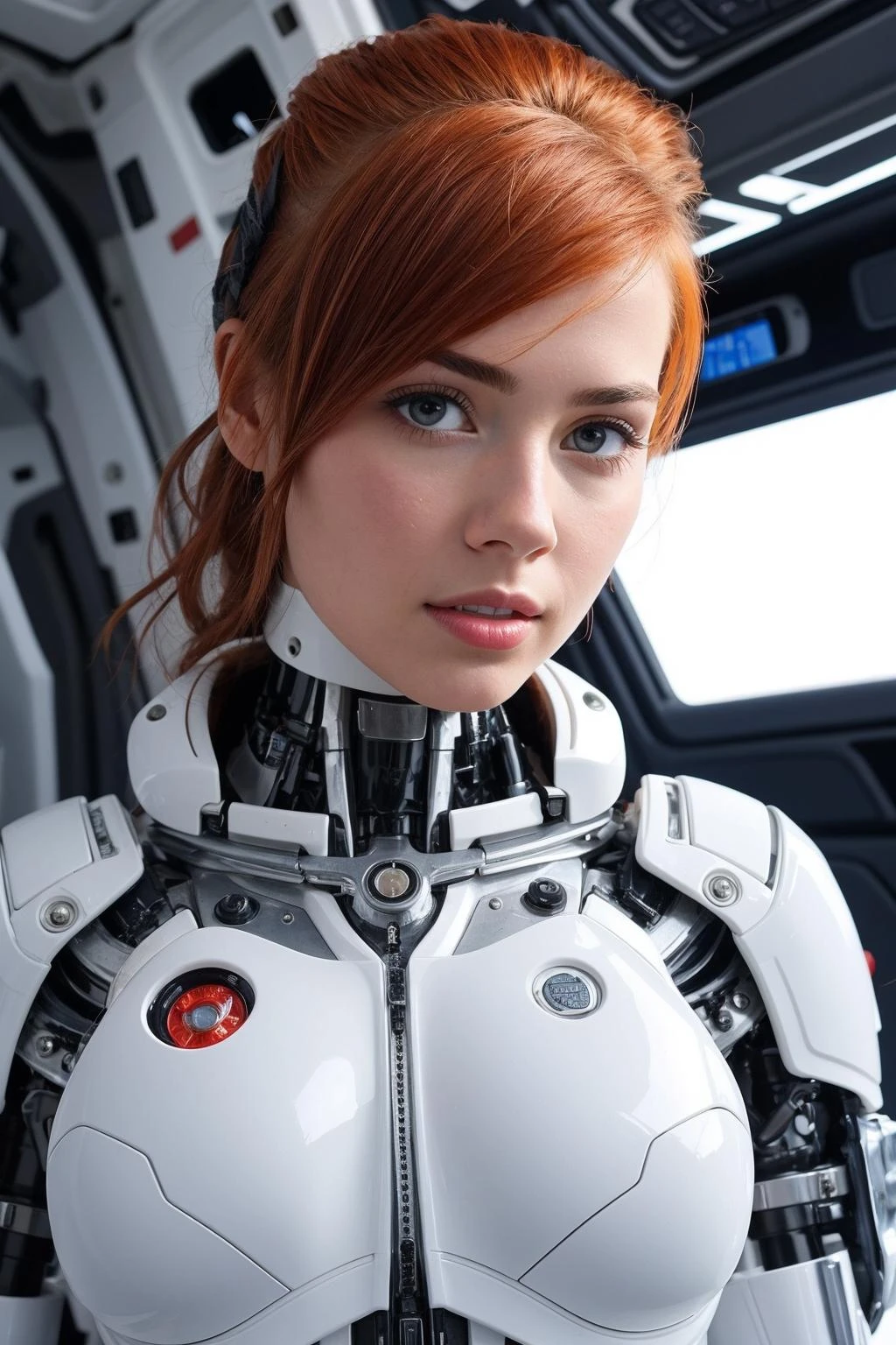 hyperdetailed, closeup, a photo of a semi-cyborg redhead girl, unbuttoned white space suit, cleavage, inside spaceship, attractive, looking at viewer, 
cyber, filtech, 