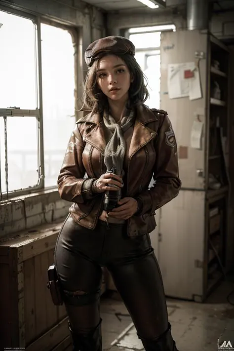 a close up of a woman in a leather jacket and hat