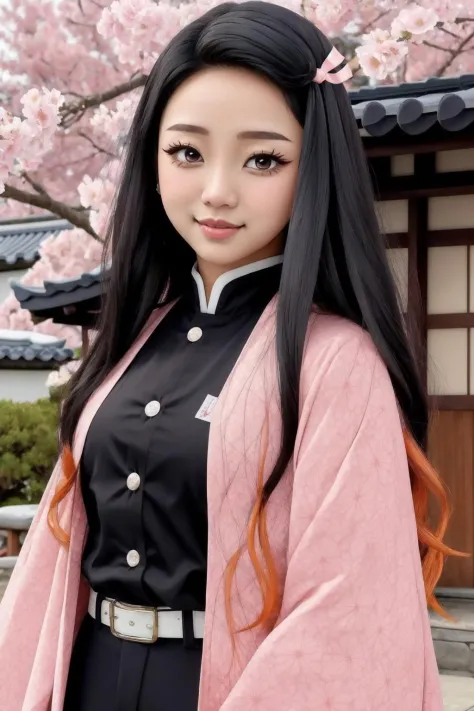 nezukorps,1girl, solo,upper body, black hair,purple eyes, white pupils,long hair, (two-tone hair:1.1),white belt, sheath,demon slayer uniform,black jacket, black pants, pink haori, asa no ha \(pattern\),pink hair ribbon,slight smile,looking at viewer,japanese arquitecture, town in the background, sky, pink petals,katana,(best quality, masterpiece)  