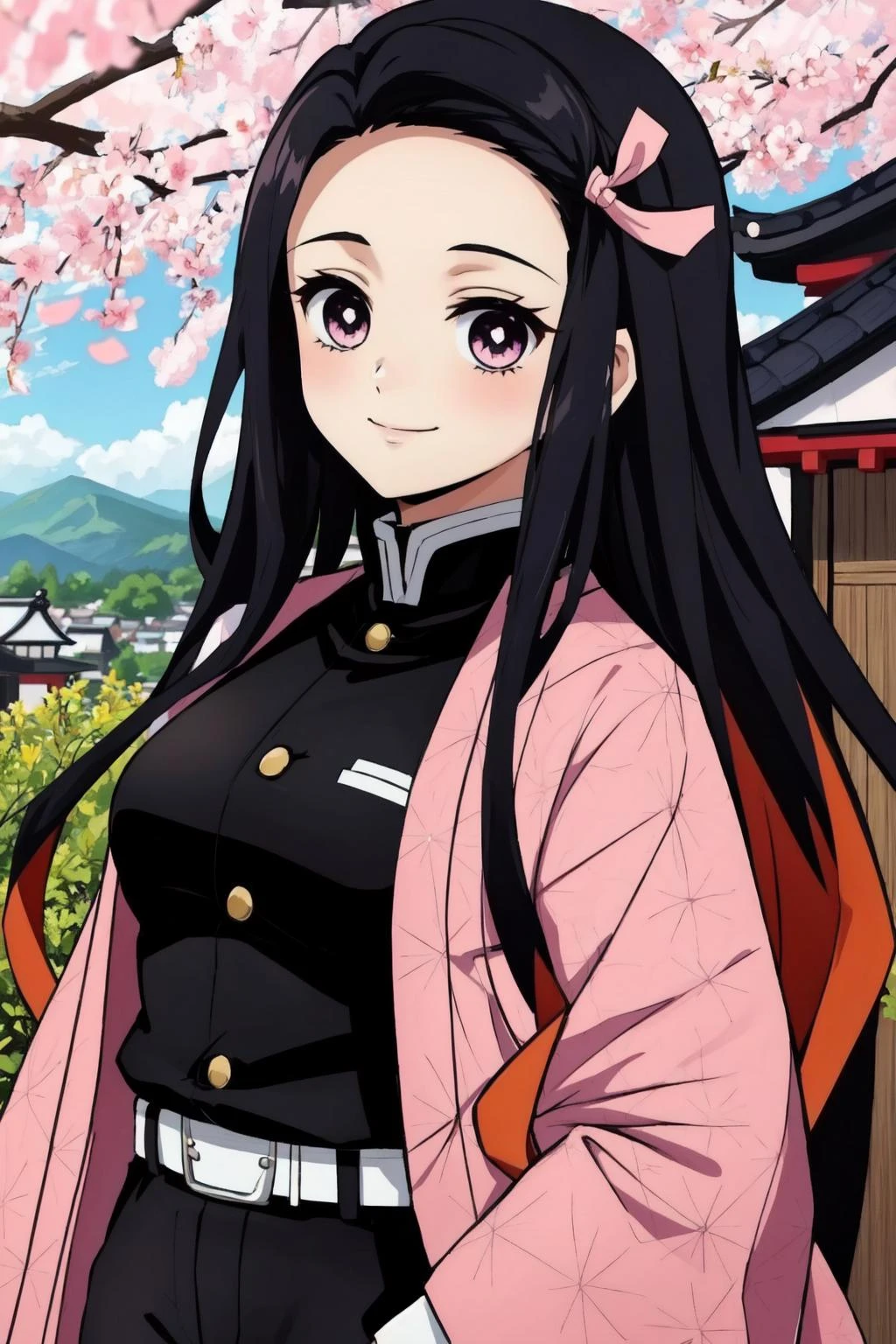 nezukorps,1girl, solo,upper body, black hair,purple eyes, white pupils,long hair, (two-tone hair:1.1),white belt, sheath,demon slayer uniform,black jacket, black pants, pink haori, asa no ha \(pattern\),pink hair ribbon,slight smile,looking at viewer,japanese arquitecture, town in the background, sky, pink petals,katana,(best quality, masterpiece)  