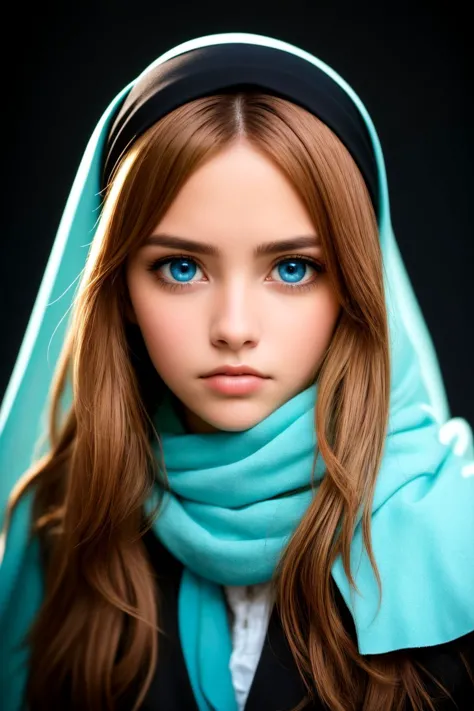 A photo of a person with (striking blue eyes:1.3), dark complexion, draped in a (black headscarf:1.2), (piercing gaze:1.2), subt...