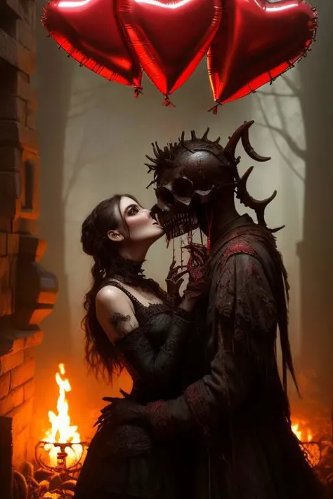 kissing, dark aesthetic, Acute beautiful creepy dark humanoid figure, holding a red heart shape balloon, horn and ragged rope,  scary, eerie, stunning fantasy illustration, dark details, attention to detail, fantasy, rusty metal and bloody hell, roses, skull, monsters, art by wlop, good anatomy, OverallDetail