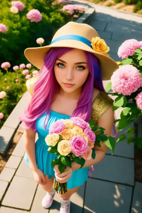 1girl, blue hair, gold trim, long hair, pink eyes, hat, from above, path, holding flowers