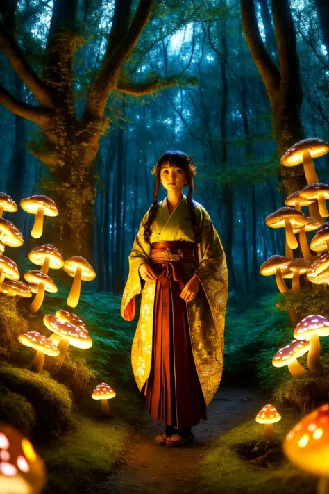 1fille, jeune, Beau, GlobalDétail, photo, parfait, Forêt enchantée avec des champignons lumineux et des lumières féériques, Haori effiloché et hakama assorti, expression mélancolique