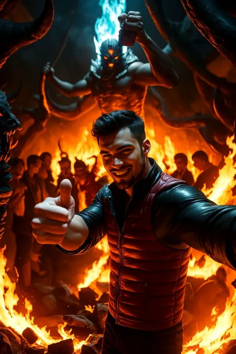 man is taking selfie in hell, thumbs up, kudos, background of happy devils and demons, undefined, flames, OverallDetail