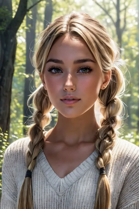 closeup headshot of S304_OliviaMassucci,a beautiful woman,in a (forest:1.1),wearing a (vneck-sweater:1.1),(twin-braids-pigtails)...