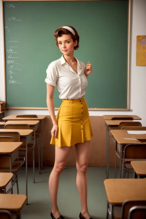 Illustration, refined lineart, a teacher of the french language, she has mid length brown hair, striking hazel eyes, skinny and frail, pinup style, short mini skirt, nervous energy, art by (Art Frahm), 50s illustration style, modern classroom setting, masterpiece, 8k, hdr, painterly style, (art by Claude Monet), rough brushwork, textured paint, she hasperfect hands