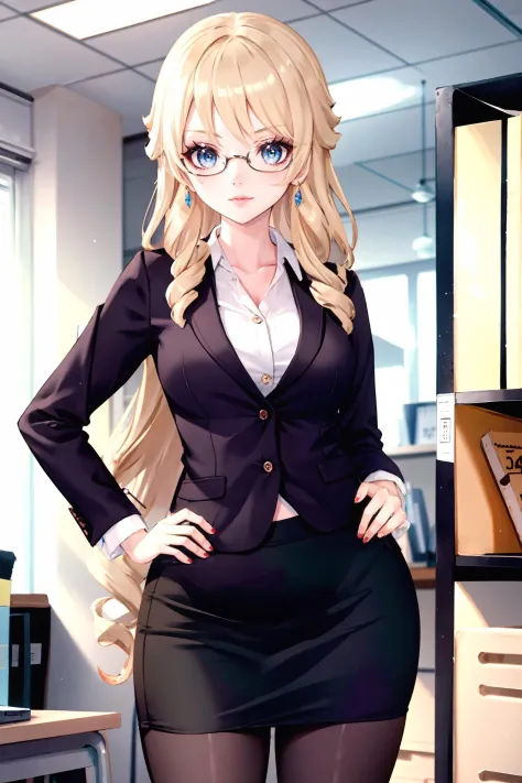 1girl, navia \(genshin impact\), solo, office lady, white collared shirt, pencil skirt, pantyhose, glasses, glaring, looking at ...