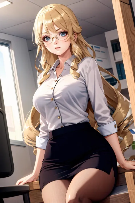 1girl, navia \(genshin impact\), solo, office lady, white collared shirt, pencil skirt, pantyhose, glasses, glaring, looking at ...