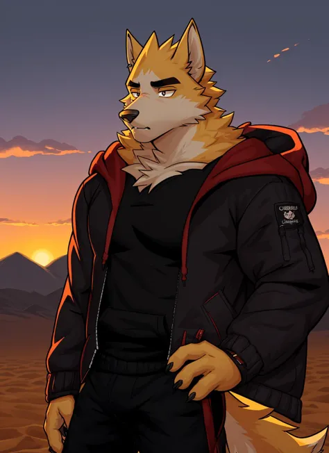 <lora:cooper-08:1>, cooper krager, solo, shirt, 1boy, jacket, male focus, open clothes, hood, black shirt, hoodie, hooded jacket, sharp fingernails, yellow fur, black eyes, hands on the hips, back at viewer, desert, dusk