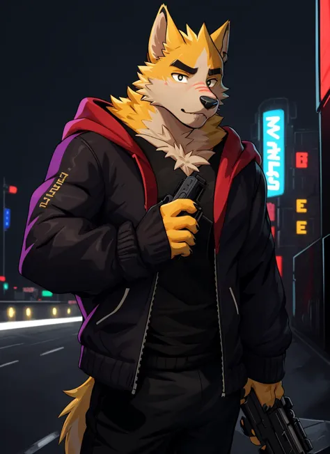 <lora:cooper-08:1>, cooper krager, solo, looking at viewer, shirt, 1boy, jacket, male focus, open clothes, hood, black shirt, hoodie, hooded jacket, sharp fingernails, night city, neon, furutistic, yellow fur, black eyes, (gun, holding gun, pistol)