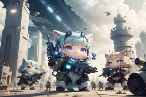 army of cute soldiers , holding weapons,ultra high res ,random, hi res,photoreal,war background,helicopter,boats,  <lora:ChessGa...