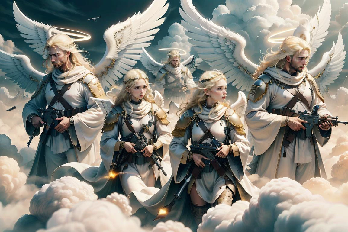 army of angel soldiers wearing white robes , holding weapons,ultra high res ,random, hi res,photoreal,war background,helicopter,boats,  chsworld, aerial view , blessedtech, blessed, aura,  flying in the sky , wings , blonde hair,