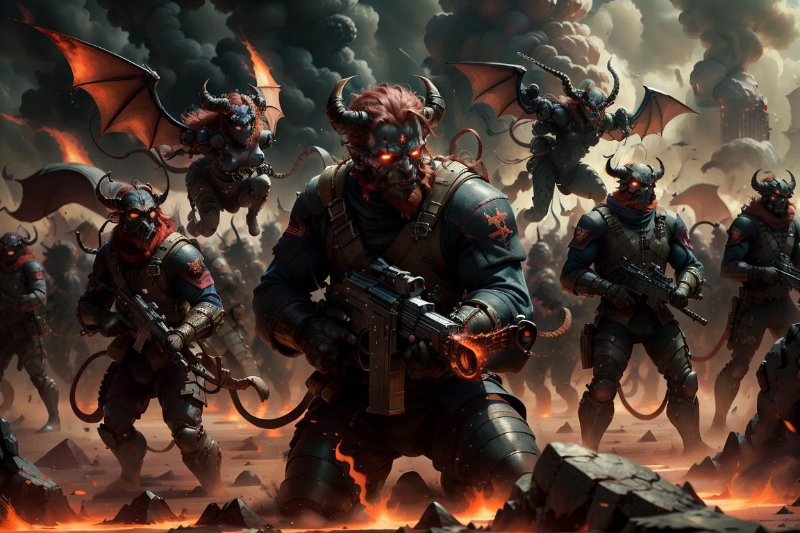 army of demon soldiers , holding weapons,ultra high res ,random, hi res,photoreal,war background,helicopter,boats,  chsworld, aerial view , , wings , red hair,  demonictech, scifi,  exomagmatech, lava made, translucent ,
