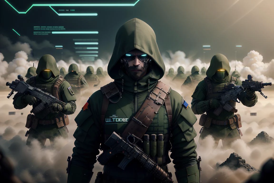 army of soldiers wearing with weapons,ultra high res ,random,8k,hi res,photoreal,war background,helicopter,boats,  chsworld, 
  hackedtech, scifi, cyberpunk, data stream, pixelated, green hues ,