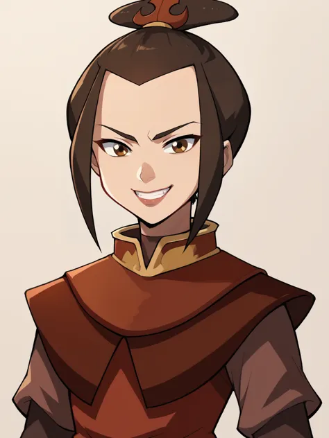 score_9, score_8_up, score_7_up, score_6_up, score_5_up, score_4_up, BREAK, source_cartoon, source_anime, 1girl, azula, brown hair, brown eyes, armor, upper body, smile, looking at viewer, solo, simple background     <lora:AzulaXL:1>