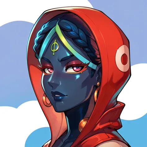 a close up of a woman with a hood on and a red hoodie