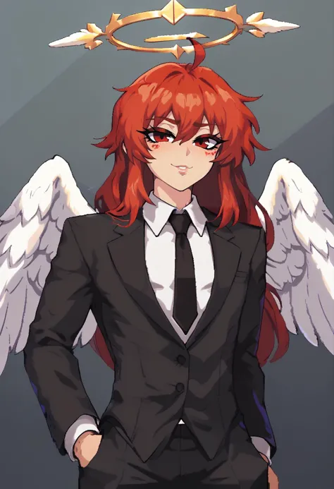 feminine, (mature:0.5), wide hips, narrow waist, sexy,
angel wings, solo, necktie, wings, black necktie, 1boy, male focus, halo,...