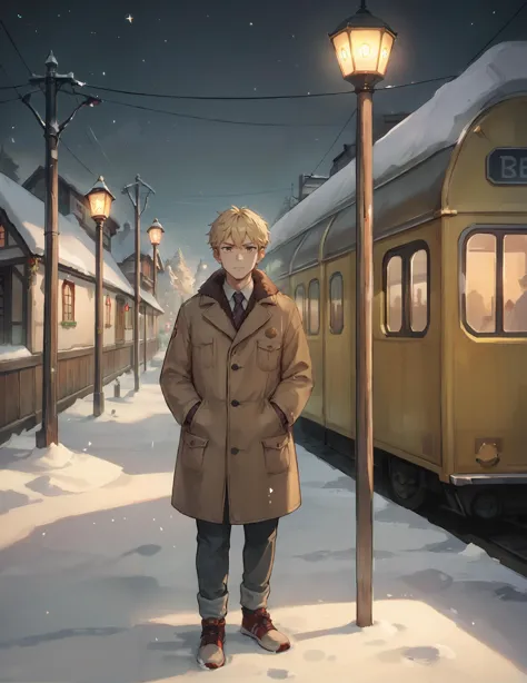 score_9,score_8_up,score_7_up,score_6_up,score_5_up,score_4_up BRAKE,1boy,standing in train station,solo,long brown coat,blonde hair,looking at viewer,(train:1.1),winter,snow,dark and dim lighting,bloom,dirty lens,night,Electric post,street light