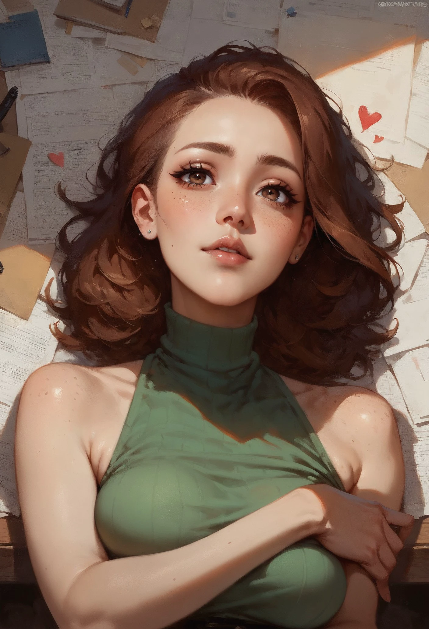 score_9, score_8_up, score_7_up,  1girl, solo, expressive, hearts, dynamic, brown hair, brown eyes, pale skin girl, pale skin, freckles, green turtleneck, cozy, blush, in_office, looking_longingly, seductive, sexy_woman, cuddling giant dick  