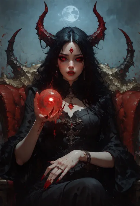 score_9, score_8_up, score_7_up,  solo, a gorgeous japanese girl, ominous, glowing bright red eyes, red pupils, huge demon horns, adorned horns, black sclera, pale skin, black eyeshadow, thick red eyeliner, red lipstick, thick eyelashes, black hair, bloody...