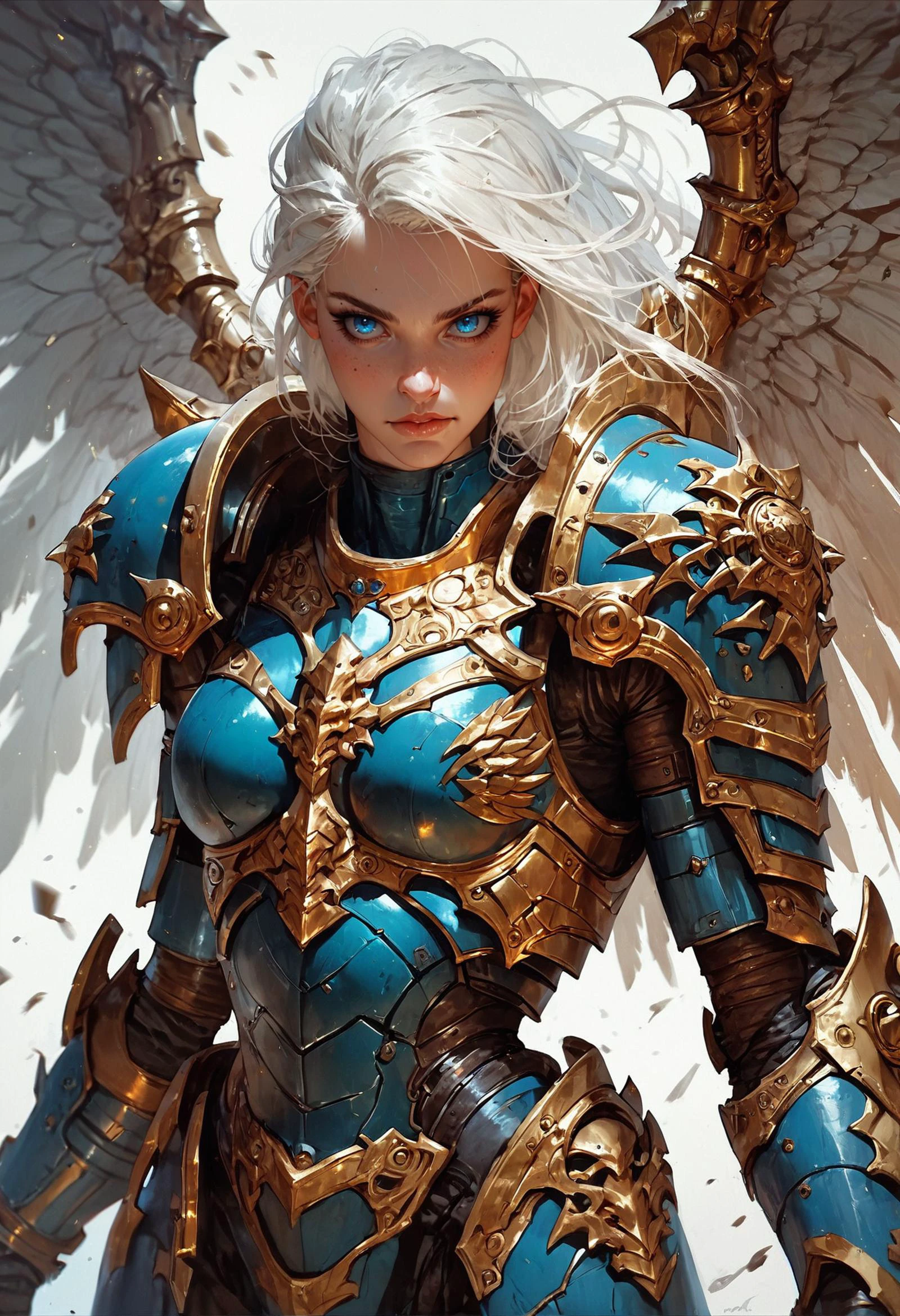 score_9, score_8_up, score_7_up, score_6_up, score_5_up, score_4_up,1girl, armor, weapon, wings, solo, shoulder armor, blue eyes, pauldrons, white hair, looking at viewer, power armor