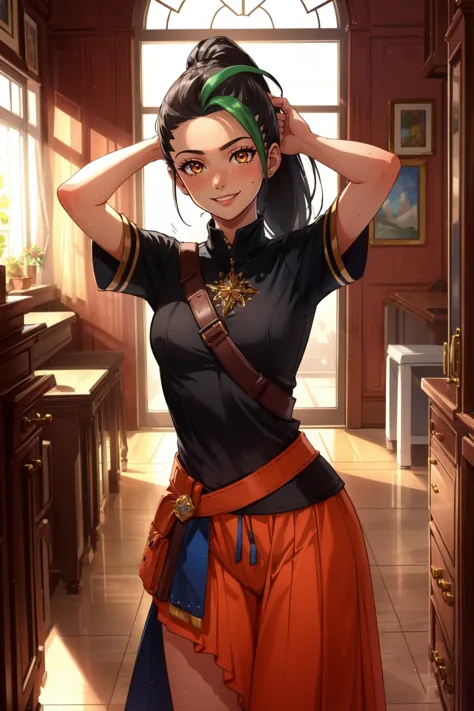 (masterpiece, best quality),  intricate details,
1girl,    <lora:nemona_pokemon:0.8> nemona , long hair, orange eyes, ponytail
adjusting hair, smiling, sweating,