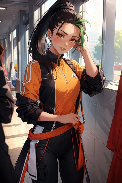 (masterpiece, best quality),  intricate details,
1girl,    <lora:nemona_pokemon:0.8> nemona , long hair, orange eyes, ponytail
adjusting hair, smiling, sweating,