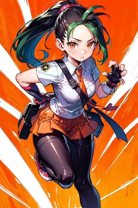 a woman with green hair and a gun in her hand