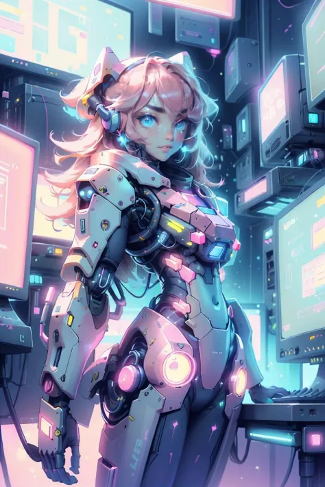 1girl, (female:1.2), young, cute face, finely detailed eyes and face, rosy pink hair, aqua eyes, looking at viewer, (electronic theme:1.1) futuristic hacker of evil high tech, gamer, smile, advanced technology, android, cybersuit, exosuit, hardsuit, mechasuit, mecha, techwear, keycard, cables, (holographic display:1.05), error message, computer, password, gamer room in the background, pink lights, cyber warfare, kawaiitech, pastel colors, kawaii, scifi, cowboy shot, finely detailed background, Depth of Field, VFX