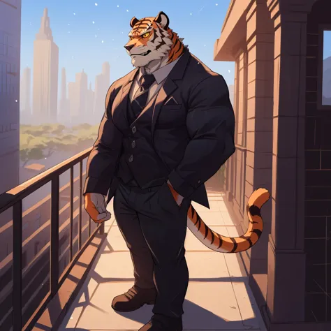 there is a tiger in a suit and tie standing on a balcony