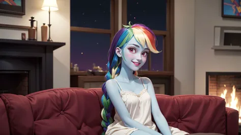 (masterpiece:1.4),(best qualit:1.4),(high resolution:1.4),nightgown,sitting,single braid,(looking at viewer:1.1),(night:1.2),couch,fireplace,smile,1girl,solo,solo focus,<lora:mlp_rainbowdash-10:1> mlpdash,colored skin,blue skin,rainbow hair,purple eyes,