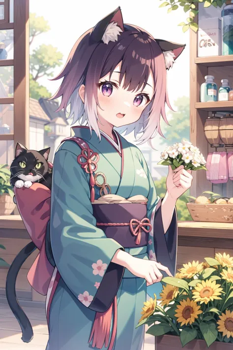 <lora:tamaki-000014:0.8>
1girl,tamaki,default,kimono,cat_ears, cat_girl,food,holding,shop,flowers,