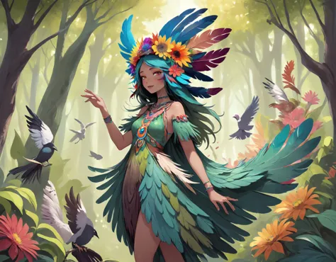 Illustration of a humanoid bird girl with colorful feathers, perched on a tree branch, wearing a feathered headdress and a flowing, nature-inspired dress, surrounded by vibrant flowers and singing to the forest creatures