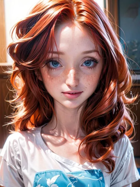 a close up of a woman with red hair and freckled hair