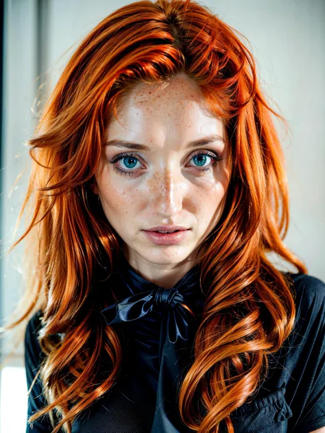 a close up of a woman with red hair and freckles