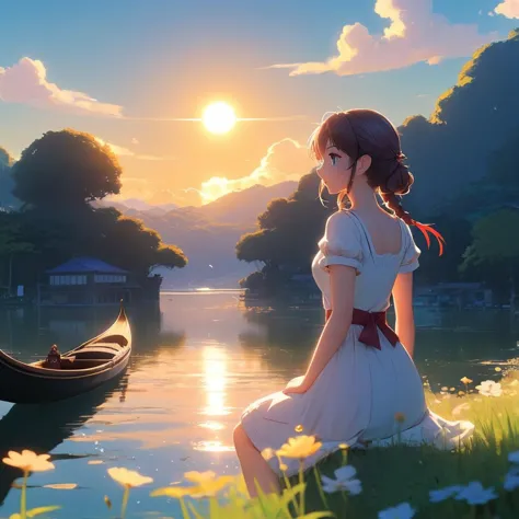 anime girl sitting on the grass near a boat in the water