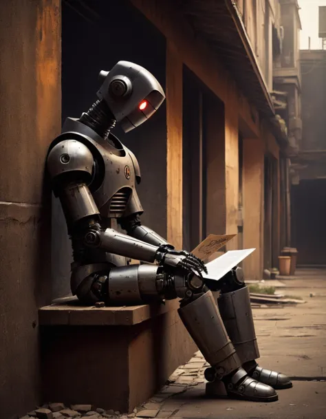 arafed robot sitting on a ledge reading a book