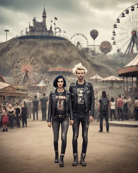 Grunge style stylized by Pieter Hugo and George Biddle, [Fierce|Elite] "DDoS", Gritty Amusement park in background, Frightening,...