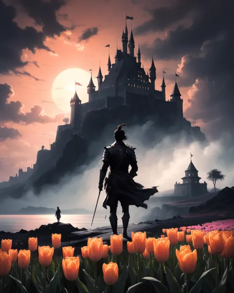 Silhouette style Oil painting, landscape of a El Castillo and Tulip, Detailed, Sun in the sky, character art stylized by Sultan Mohammed, (Bartolomé Esteban Murillo:0.7) , Sad, Peach neon hue, UHD, <lora:FF.110bluePencilXL_v080.LyCORIS:1.95> . High contrast, minimalistic, black and white, stark, dramatic