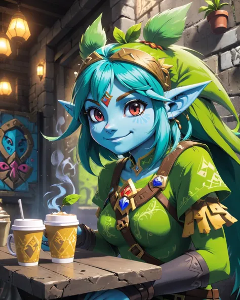 Legend of Zelda style graffiti art stylized by Bordalo II, street art, desolate lava pit with Pear, Handsome buxom (Female Troll:1.3) , she is grinning, drinking coffee in a cafe, glamour pose, higher class Beauty Marks, soft focus, Darksynth, F/2.8, <lora:FF.110bluePencilXL_v080.LyCORIS:1.95> . Vibrant, fantasy, detailed, epic, heroic, reminiscent of The Legend of Zelda series