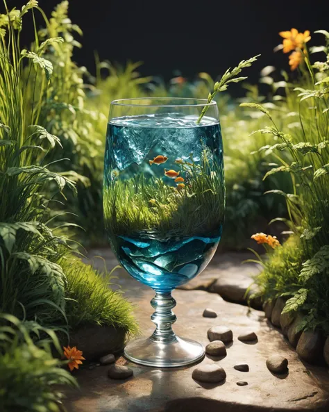 there is a glass of water with a fish in it