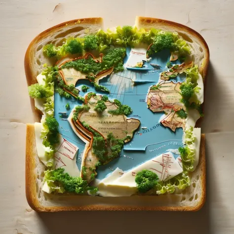 concept art <lora:DalE-3-FFusion-LoRA-ViT-LoCON:1> sandwich with a map of the world on it, amazing food illustration, food art, ...