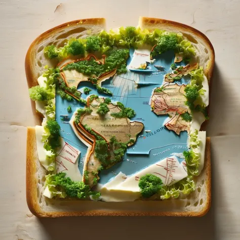 sandwich d&#39;art conceptuel avec une carte du monde dessus, Illustration de nourriture étonnante, art culinaire, griller, manipulation créative de photos, des graphismes photoréalistes époustouflants, illustration très détaillée, Pain, battle griller, Incroyablement complexe, photoshop créatif, Fait de nourriture, art incroyablement détaillé, publicité alimentaire, cartographie carte art, Nourriture fantastique, Image de nourriture super réaliste, photo haute résolution,société cg,Station artistique . oeuvre numérique, illustratif, pictural, Peinture mate, très détaillé  . oeuvre numérique, illustratif, pictural, Peinture mate, très détaillé