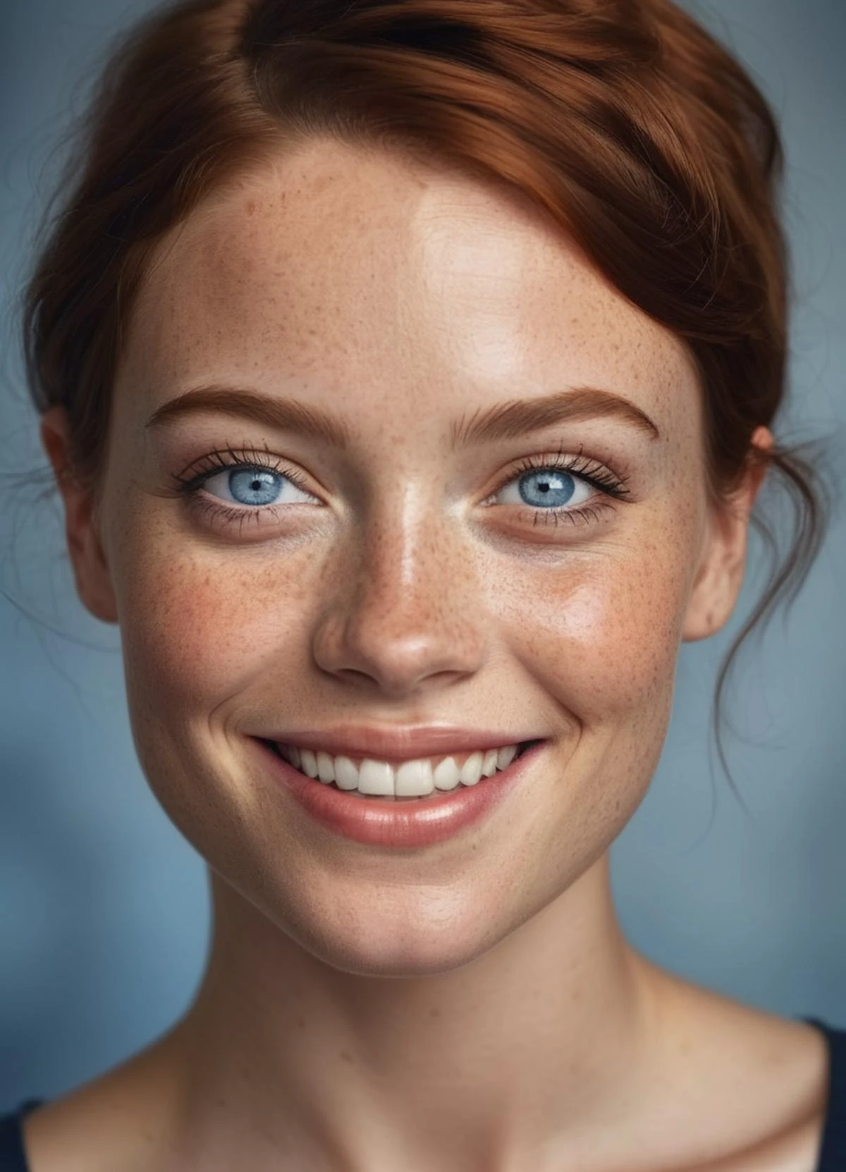 A Woman With Freckles And Blue Eyes Smiling For A Picture Seaart Ai