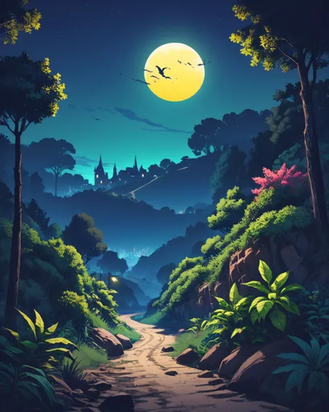 Arte al estilo de GTA en estilo Dribbble de un paisaje de un lugar cubierto de vegetación (Francia:1.2) , raíces, por la noche, Visual novel, luz de la luna, Profundidad de campo 100 mm, Composiciones superpuestas, . satírico, Exagerado, estilo de arte pop, Colores vibrantes, personajes icónicos, lleno de acción