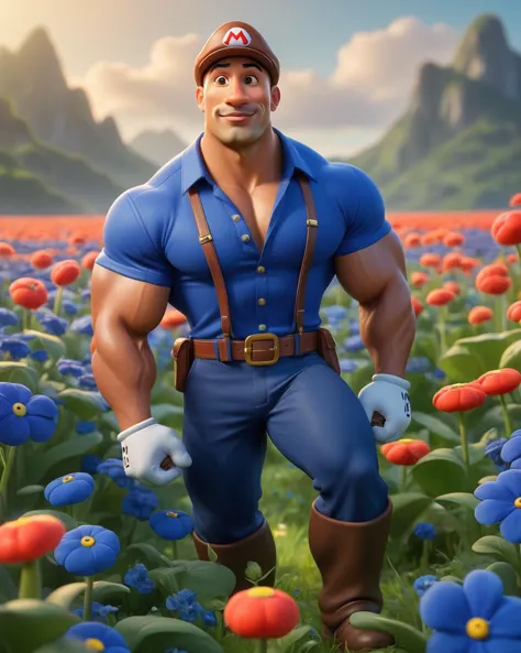 Grand angle de style Super Mario d&#39;une jolie maigre (Dwayne Johnson:1.3) , César, Champ de fleurs d’été, illustration de Lorser Feitelson, Tibor Nagy, Confortable, primé, objectif 800 mm, Bleu marine et teinte néon lazuli, Beau, tendance sur artstation, . vibrant, Mignon, dessin animé, fantaisie, espiègle, rappelant la série Super Mario