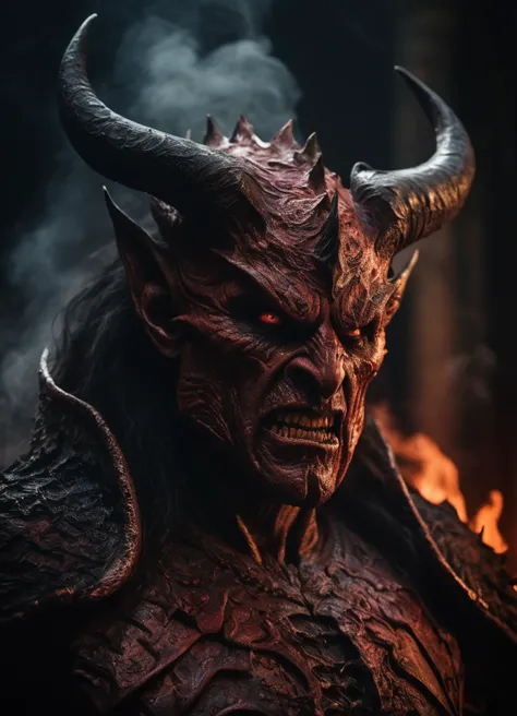 a close up of a demon with horns and a red face