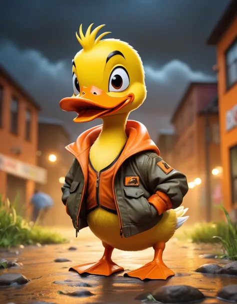 a close up of a duck wearing a jacket and jacket